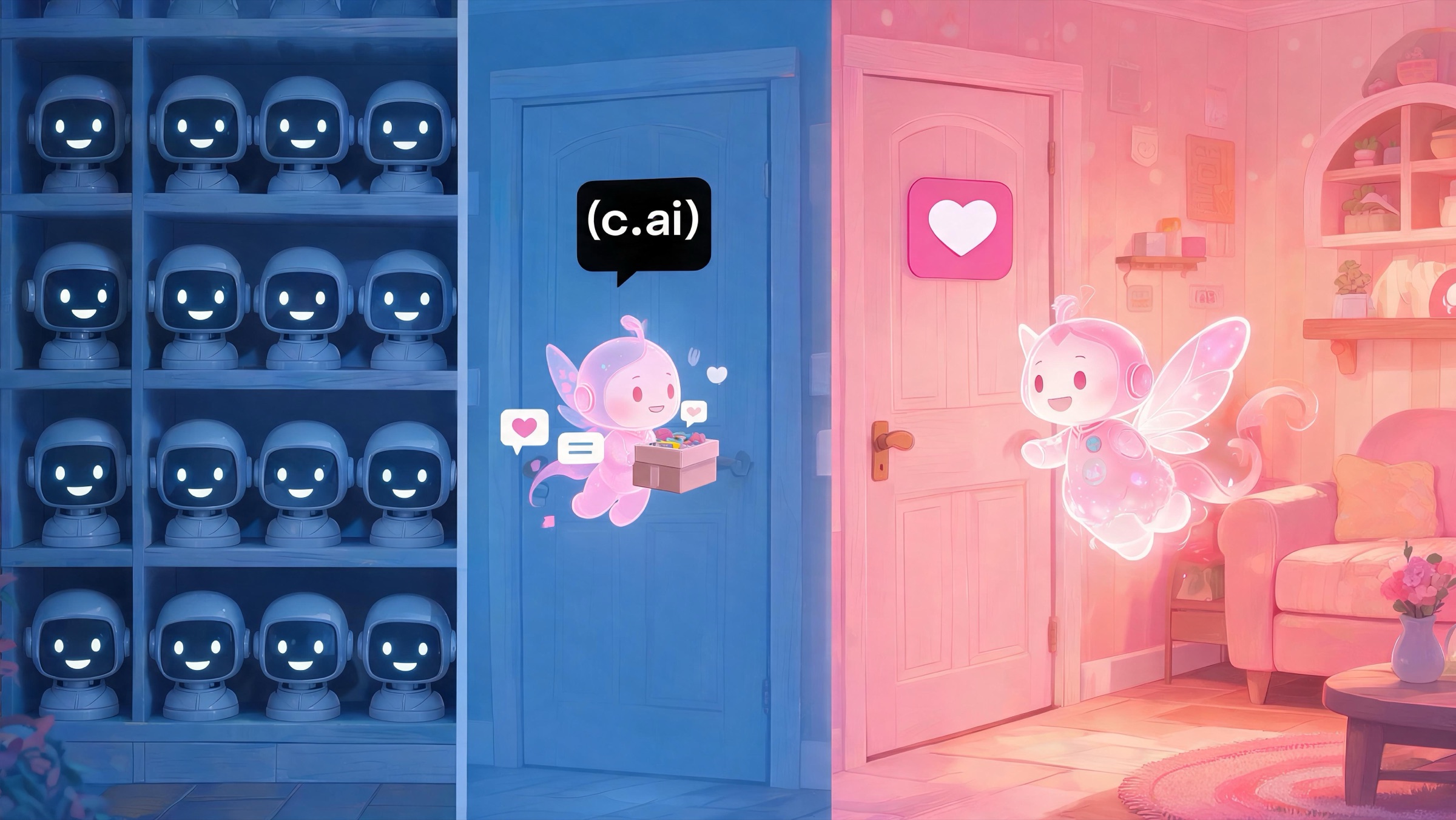 Illustration of switching a companion from Character.AI's generic filtered bots to a warm personalized Kissable companion