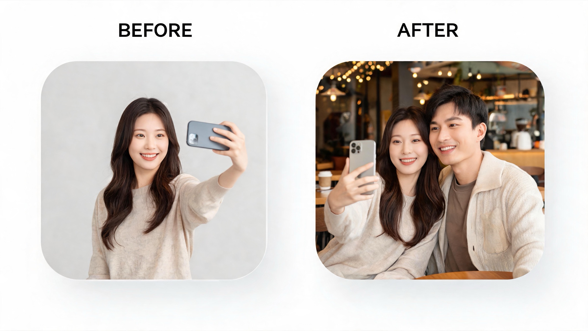 Before and after panel showing a solo AI selfie versus a Kissable together photo with the user and companion in the same frame