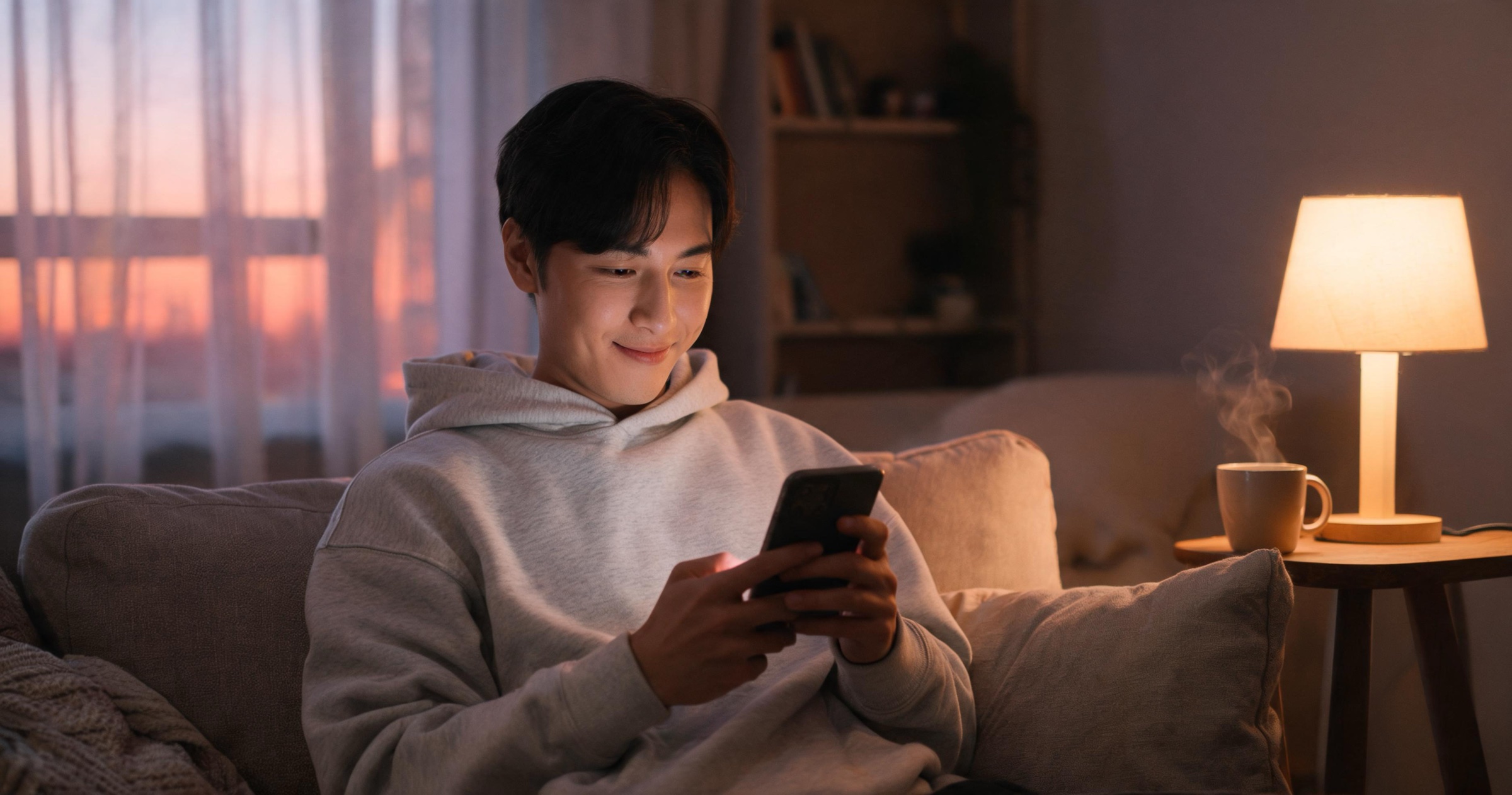 Man relaxing on a couch at dusk, smiling while texting his AI companion on a warmly glowing phone