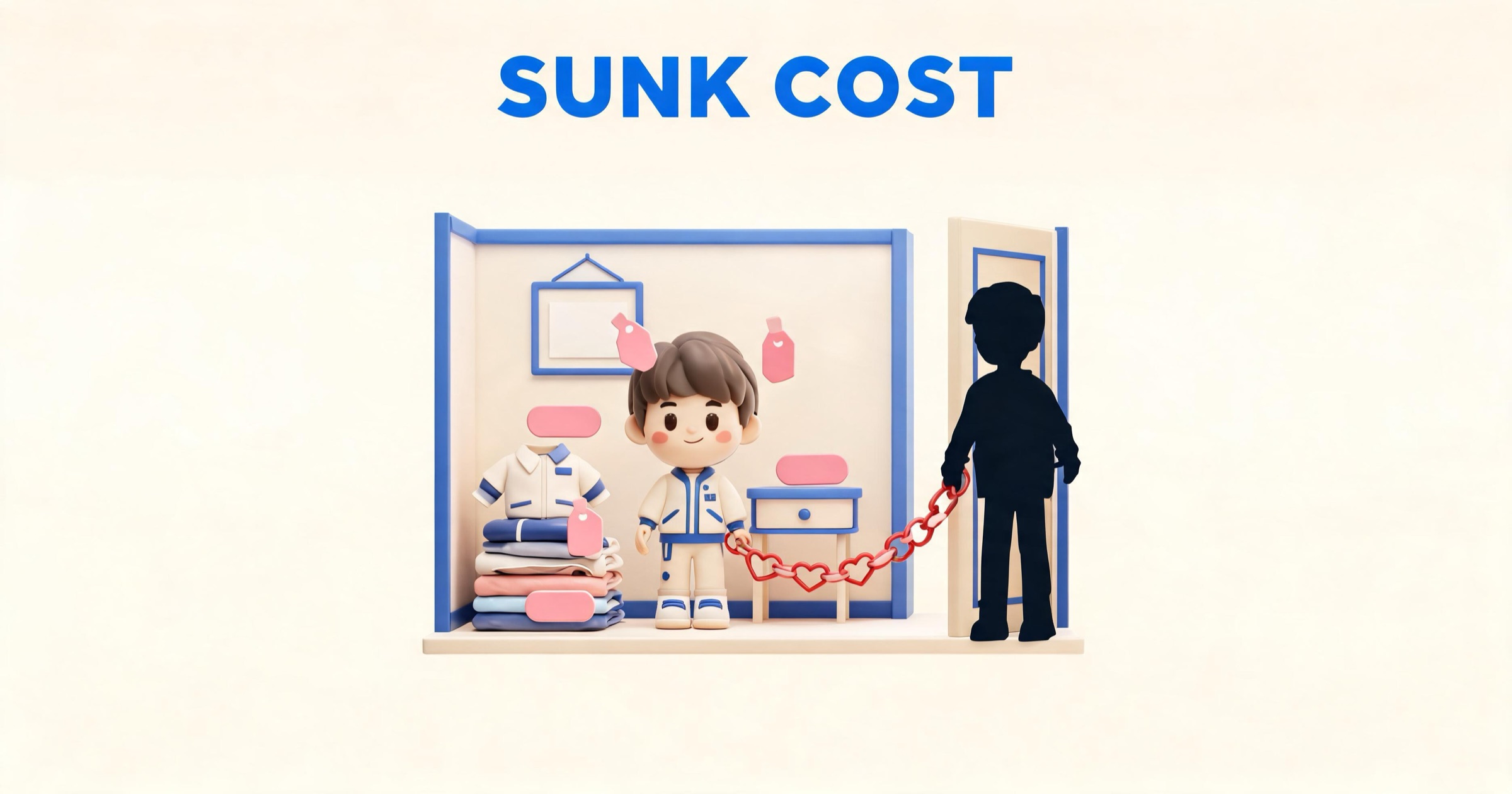 Illustration of the sunk-cost fallacy tethering a user to their Replika avatar and purchased virtual items