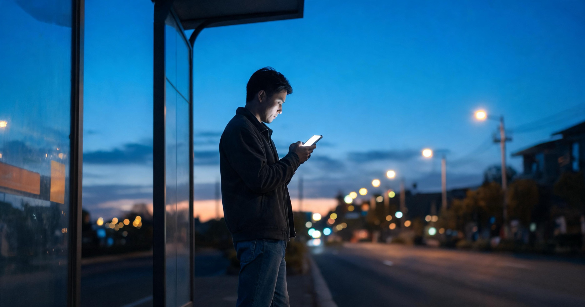 Man standing alone at a bus stop at dusk looking at a quiet phone, street lights just coming on behind him