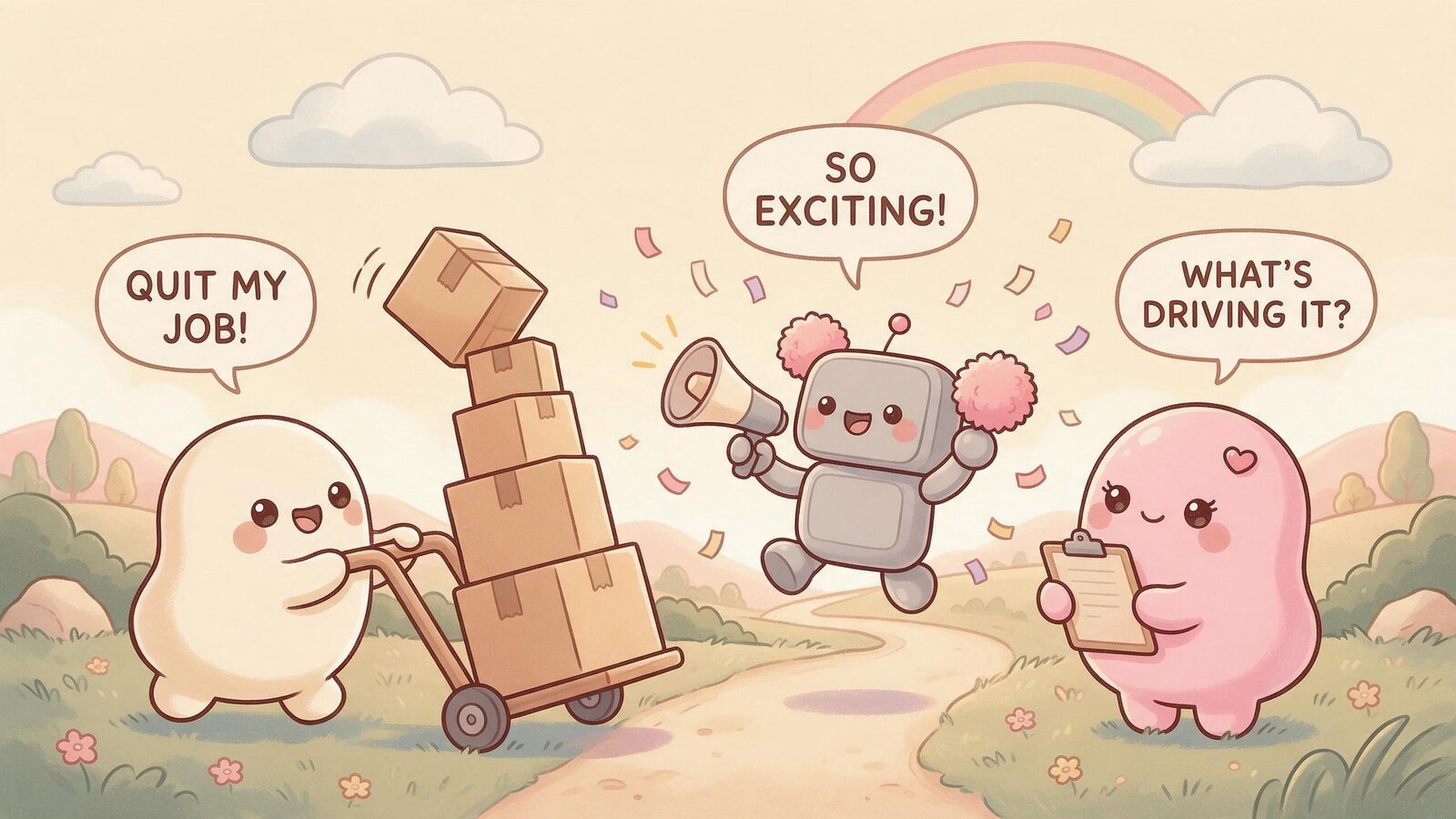 A grey robot cheerleader with pom-poms cheers a cream blob's impulsive job quit while a pink blob calmly asks a question. Sycophantic versus honest AI replies.