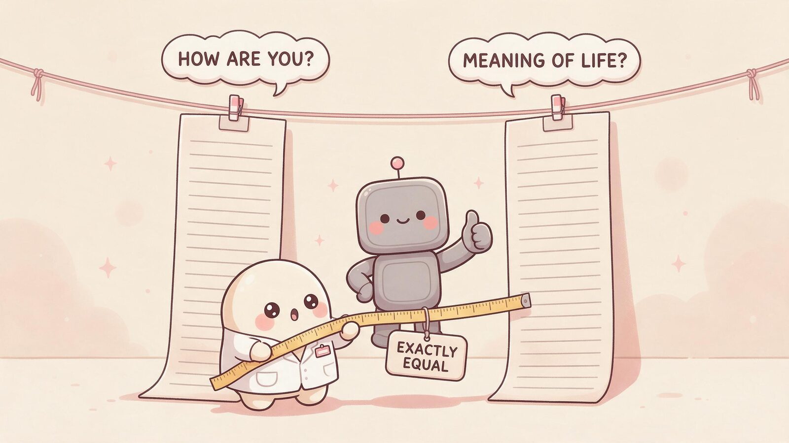 A cream blob in a lab coat measures two identical long scrolls answering how are you and meaning of life. Uniform AI reply length as a robotic tell.