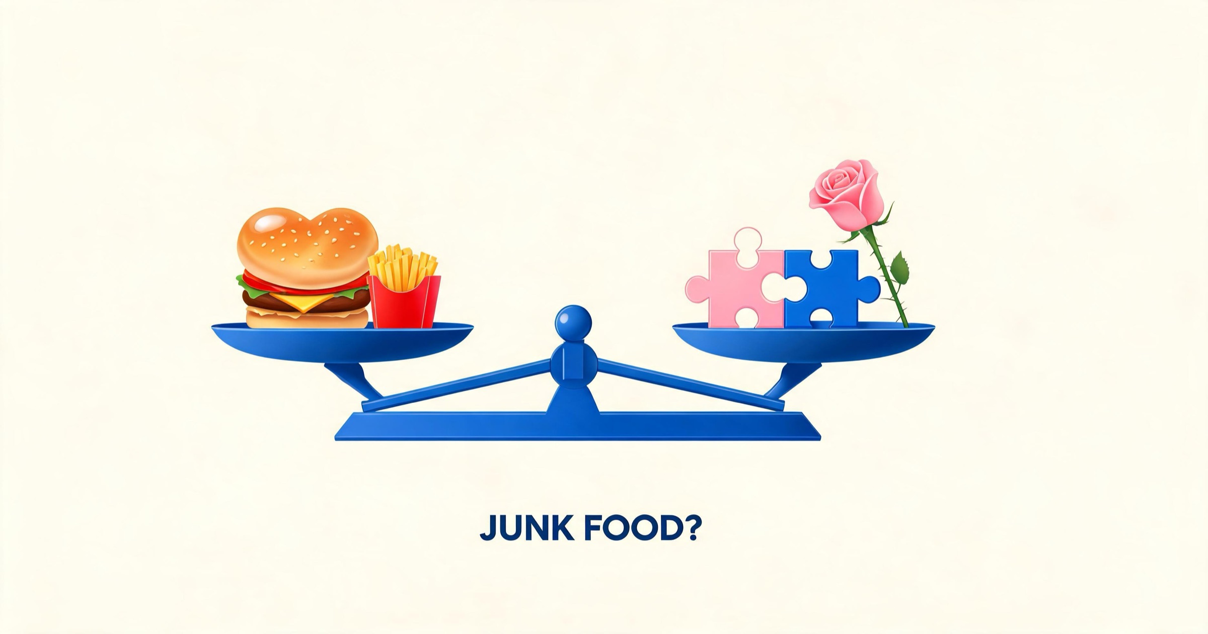 Balance-scale illustration of the debate over whether AI companionship is junk food for the soul