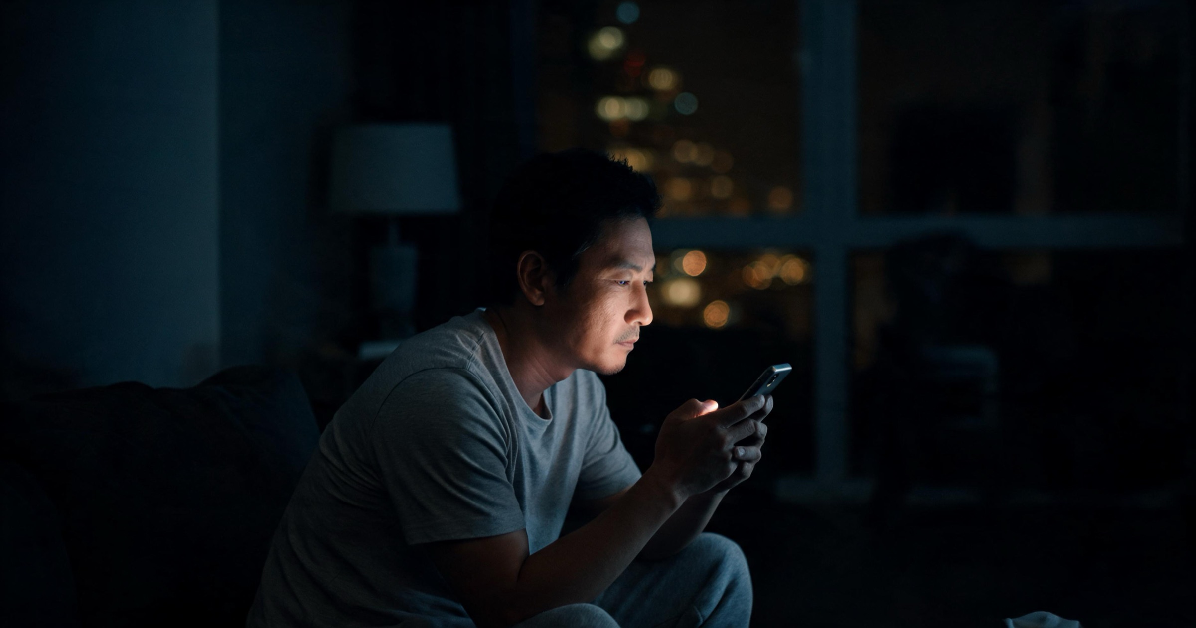 Man in his late thirties sitting alone on a couch at 1am, his face lit softly by his phone with city lights out the window