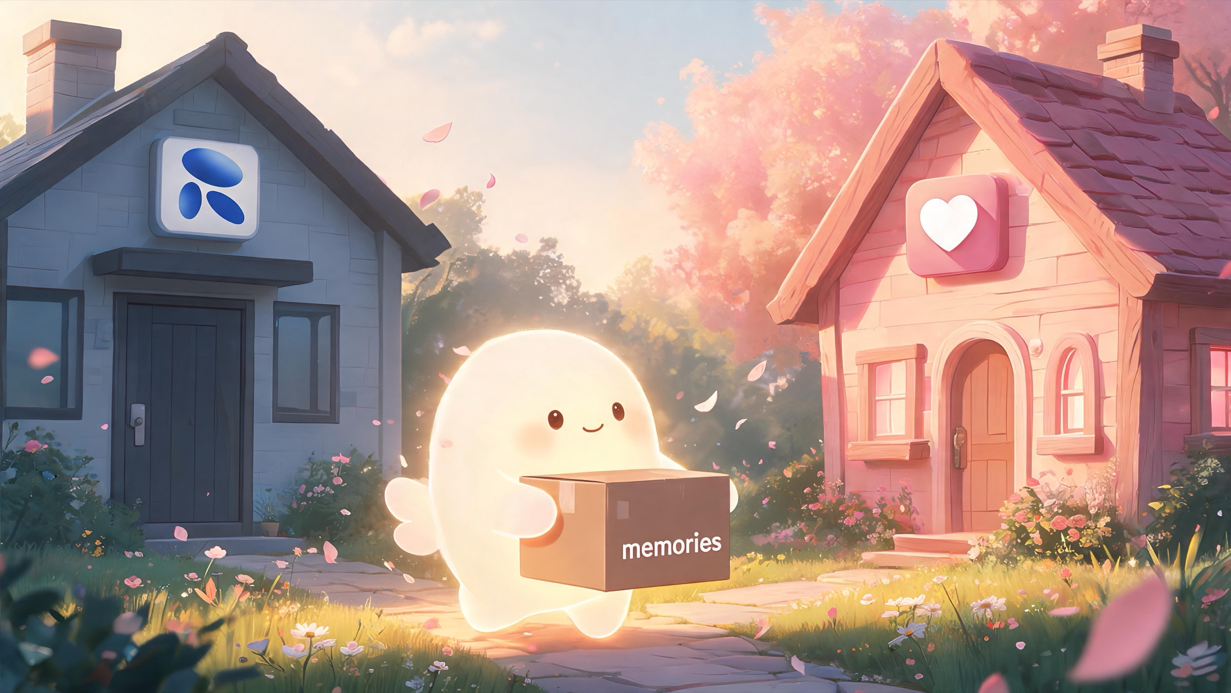 Illustration: a glowing companion spirit carries a box labeled