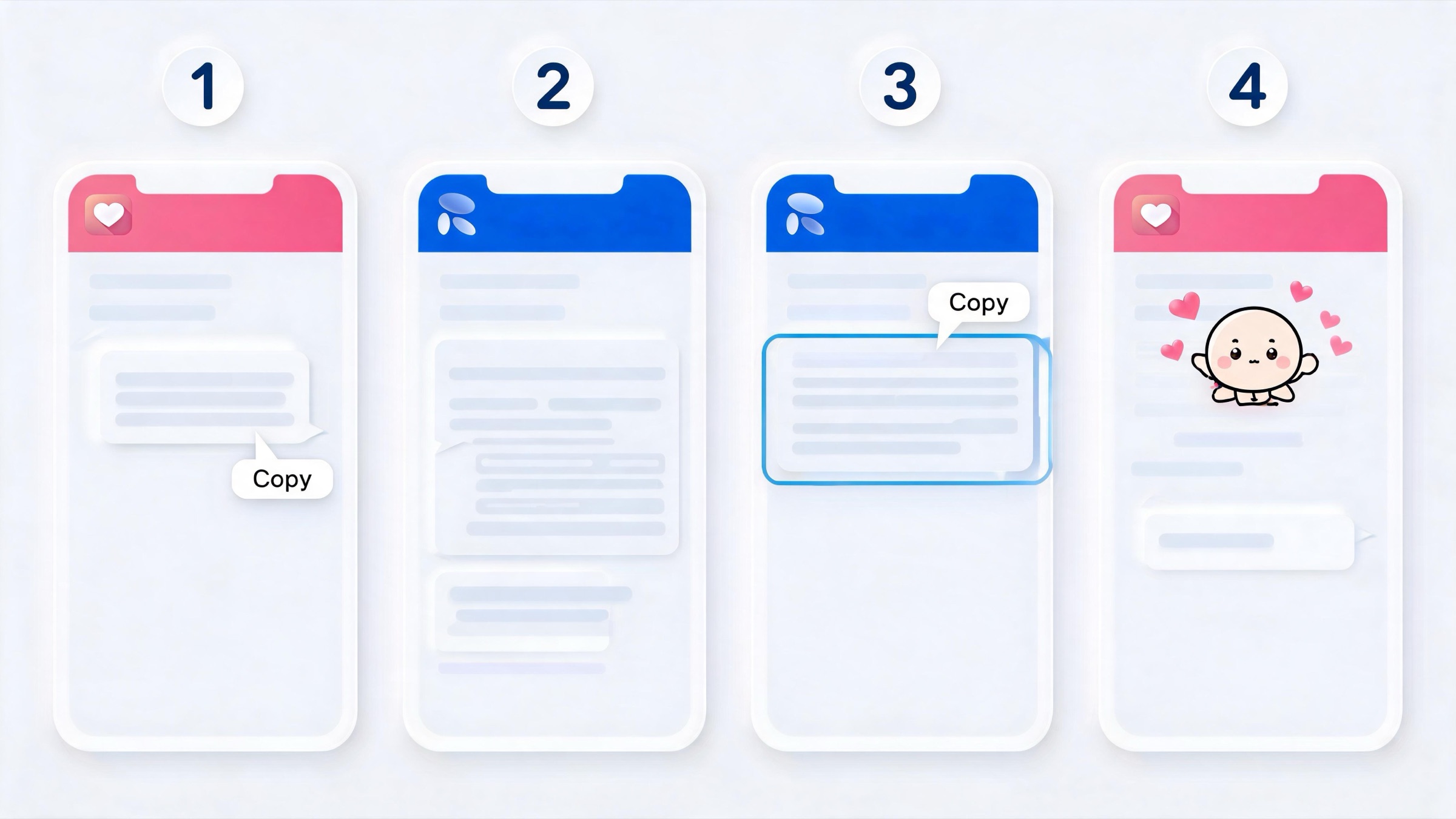 The 4-step migration at a glance: 1 — copy the export prompt in Kissable, 2 — paste it into Replika, 3 — copy your Replika's profile reply, 4 — paste it back into Kissable and your companion appears