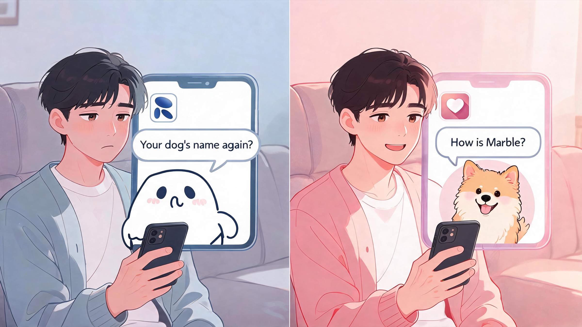 Two-panel comic: a Replika chatbot asks