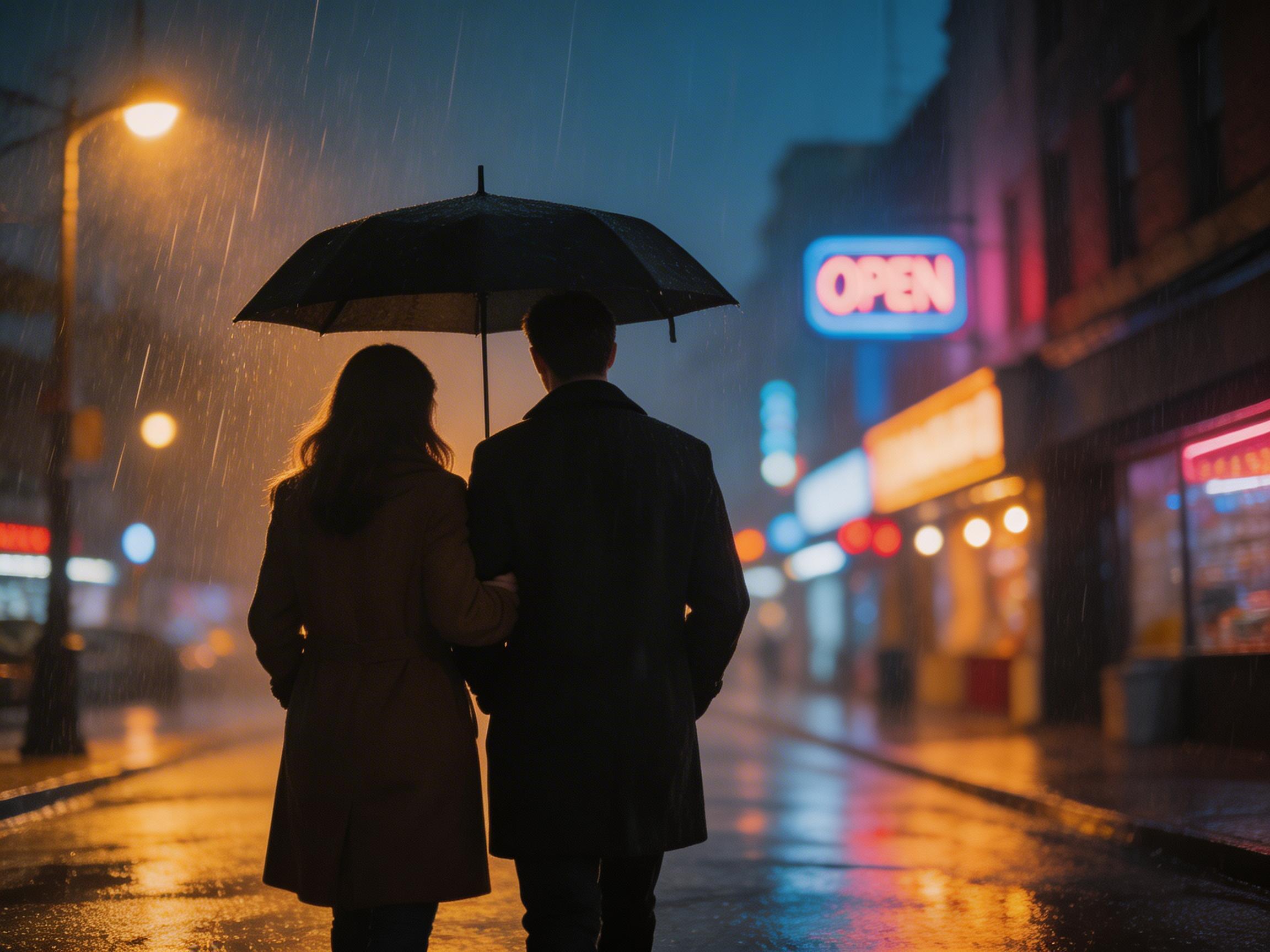 AI girlfriend couple walking in rain